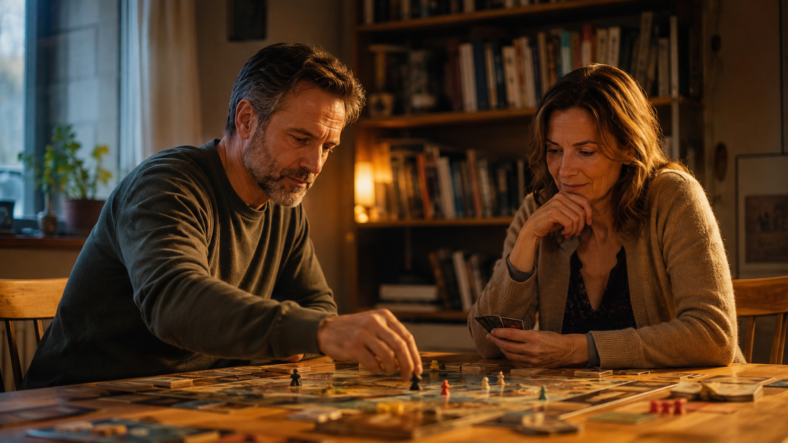 Pareja adulta jugando a un juego de mesa en casa