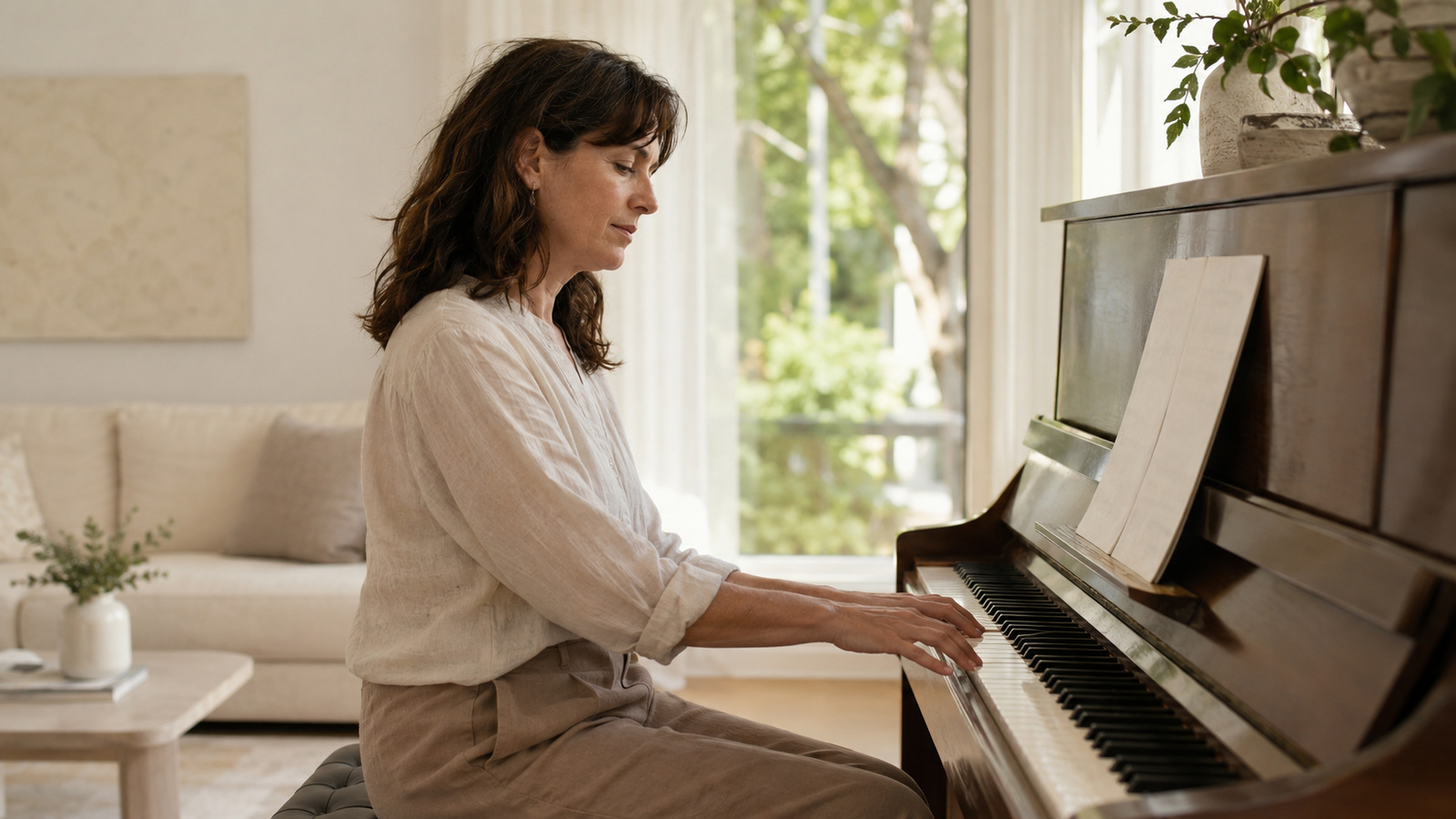 Mujer madura tocando un piano vertical junto a la ventana con luz natural
